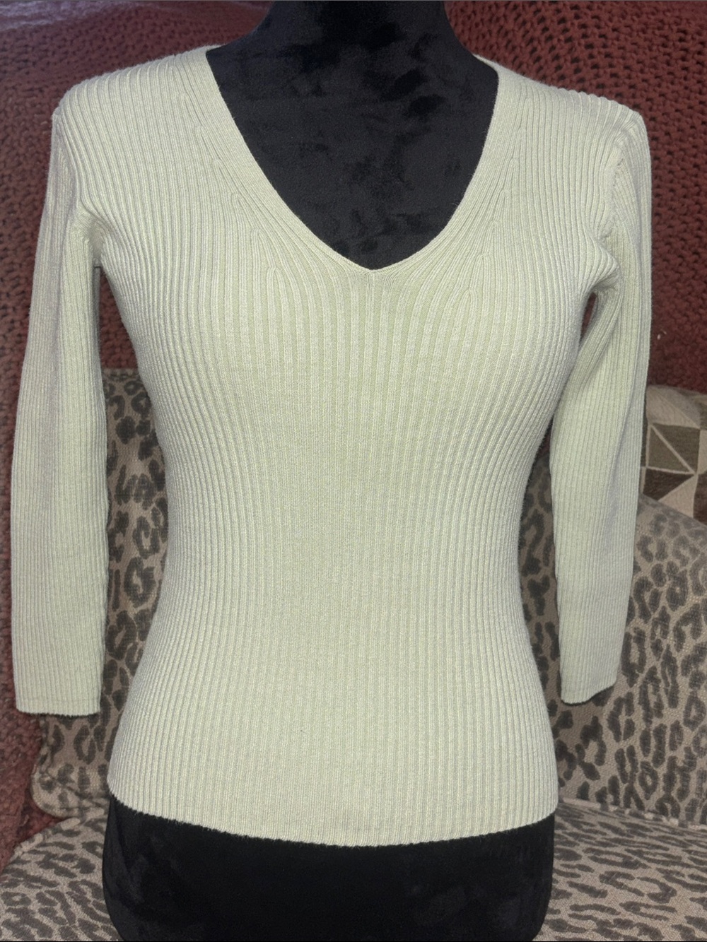 Moda International silk ribbed sweater mint green v neck stretch tight fitted S